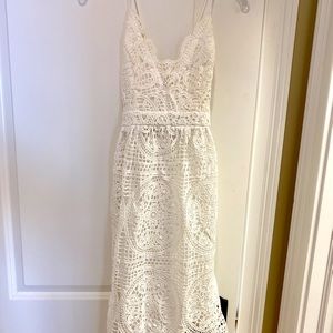 V Neck, Cross Strap, Lace Overlay white midi dress